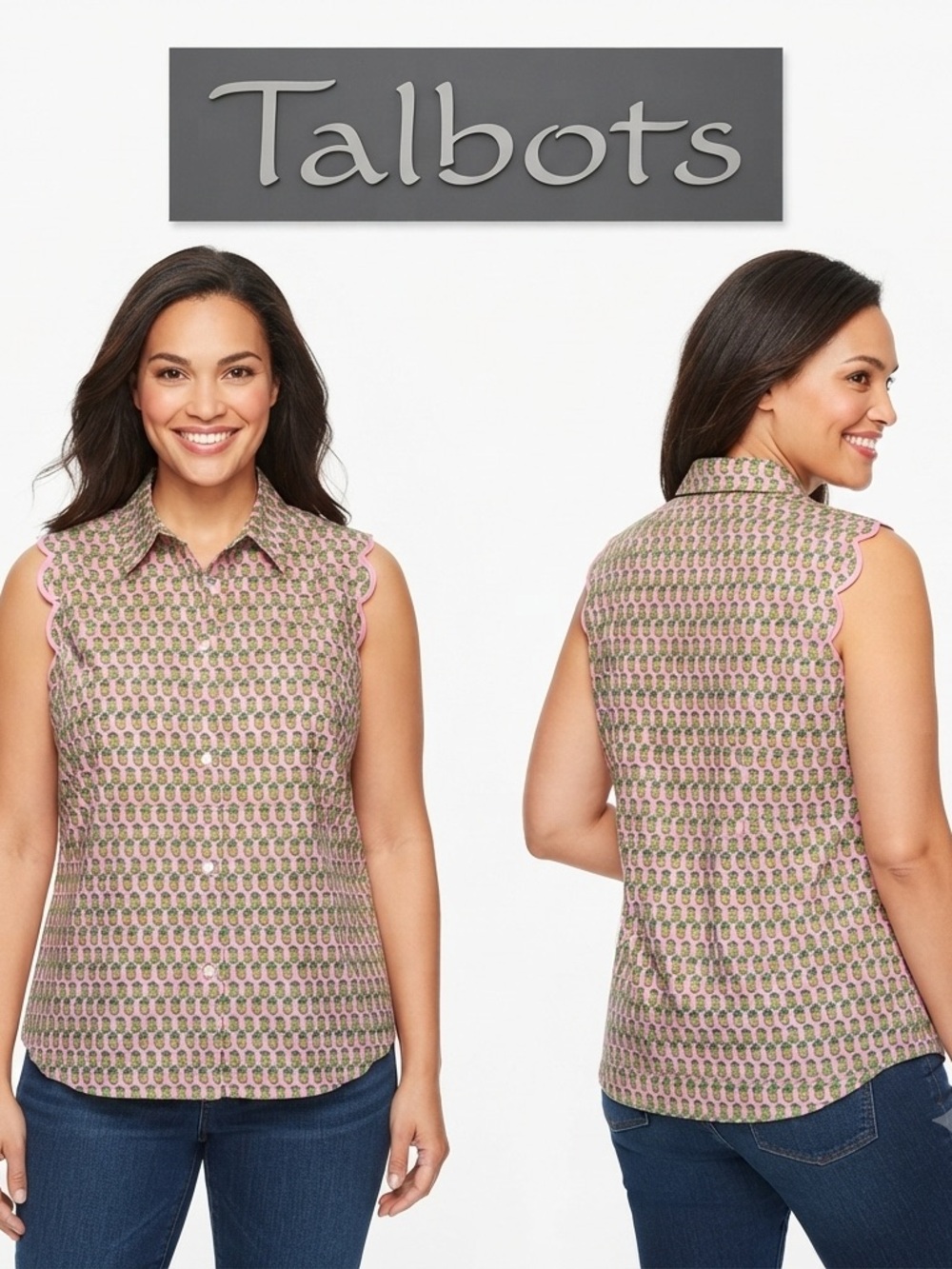Talbots Non-Iron Scalloped Trim Button Up Pineapple Blouse 16